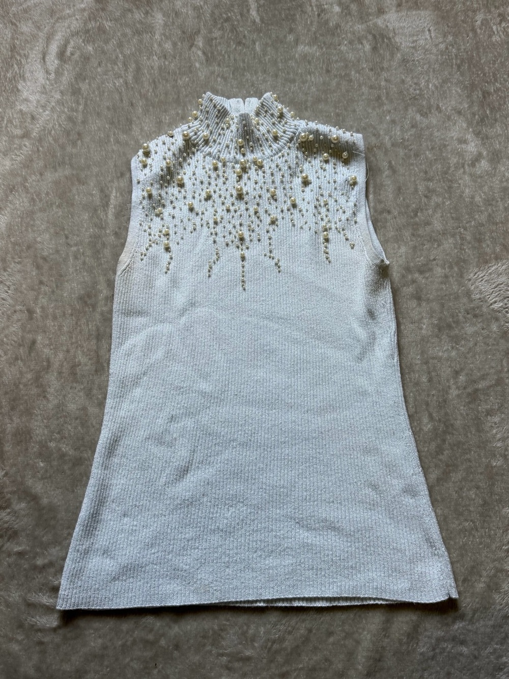 Pearl-Embellished Cream Sleeveless Mock Neck Knit Tank